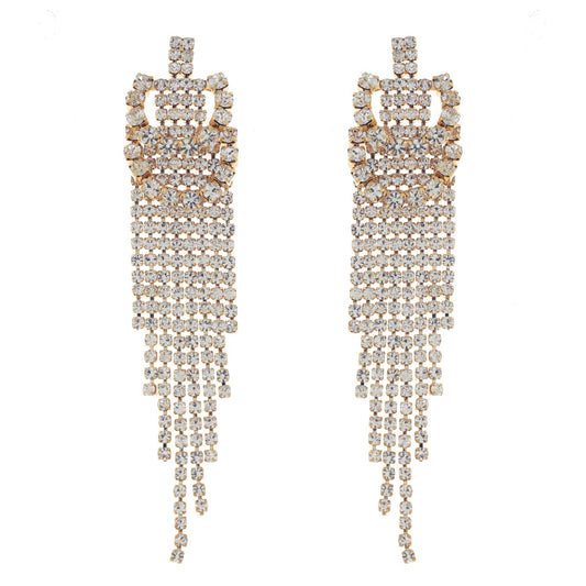 Rhinestone Pave Layered Loop Dangle Tassel Earrings: Gold