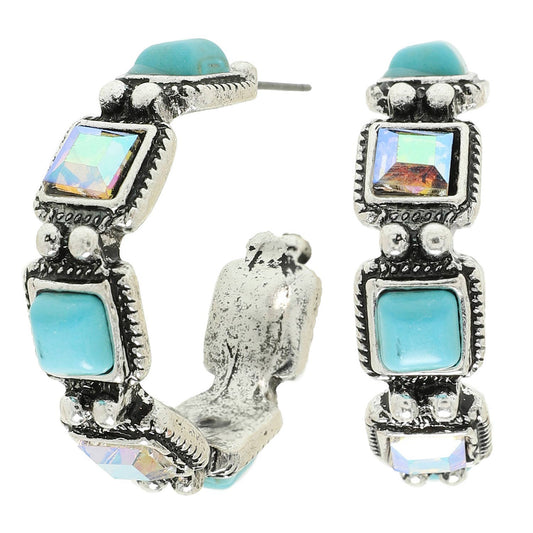 Western Crystal Turquoise Hoop Earrings : Iridescent