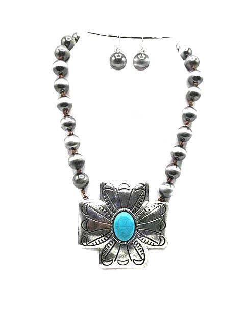 Western Turquoise Cross Pearl Necklace