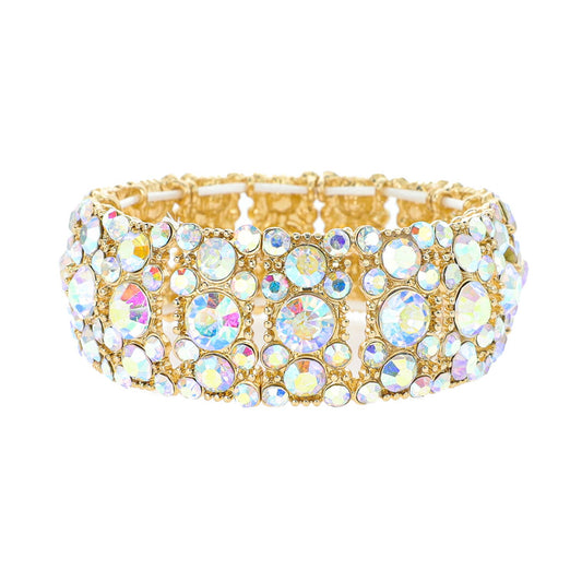 Rhinestone Pearl Cluster Stretch Bangle Bracelet: Gold Iridescent