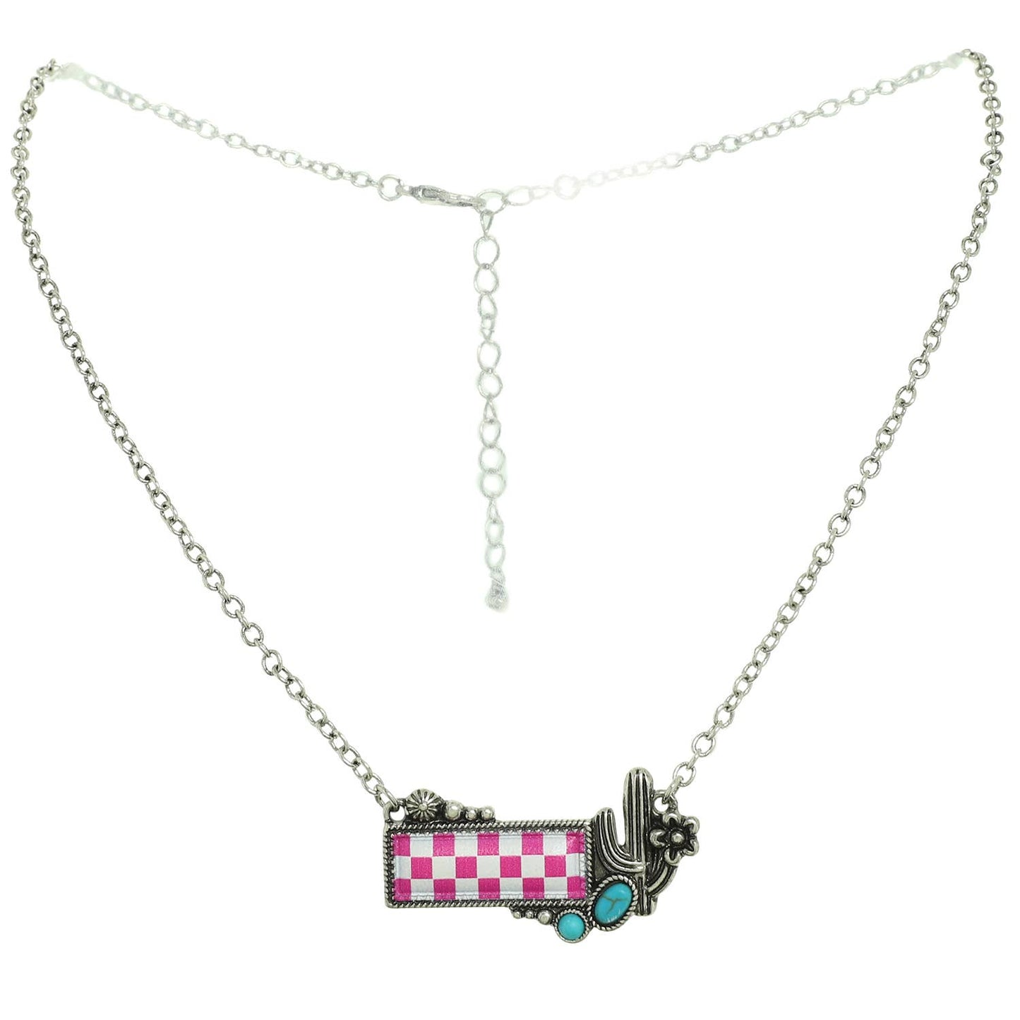 Western Checkerboard Cactus Pendant Necklace : Black