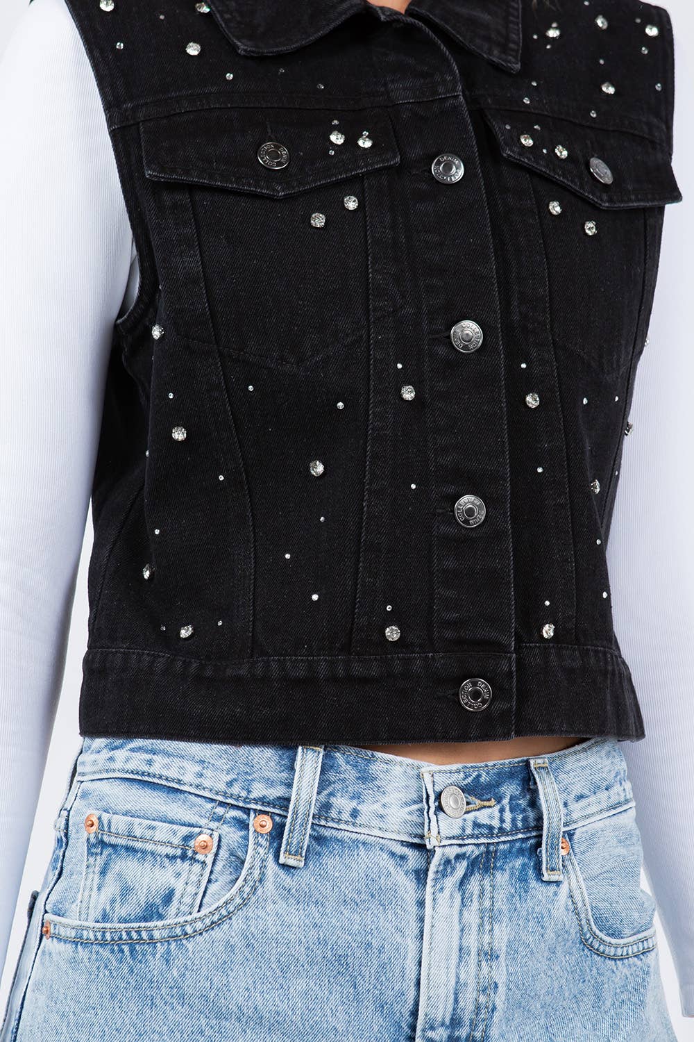 Iconic Denim Vest Jacket with Rhinestones: Med Wash / S
