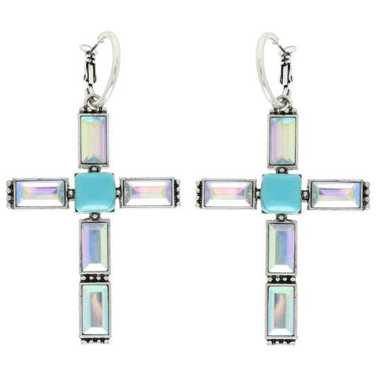 Western Gemstone Cross Hoop Earrings : Iridescent Turquoise