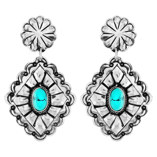 Turquoise Semi Stone Diamond Shaped Concho Dangle Earrings: Silver