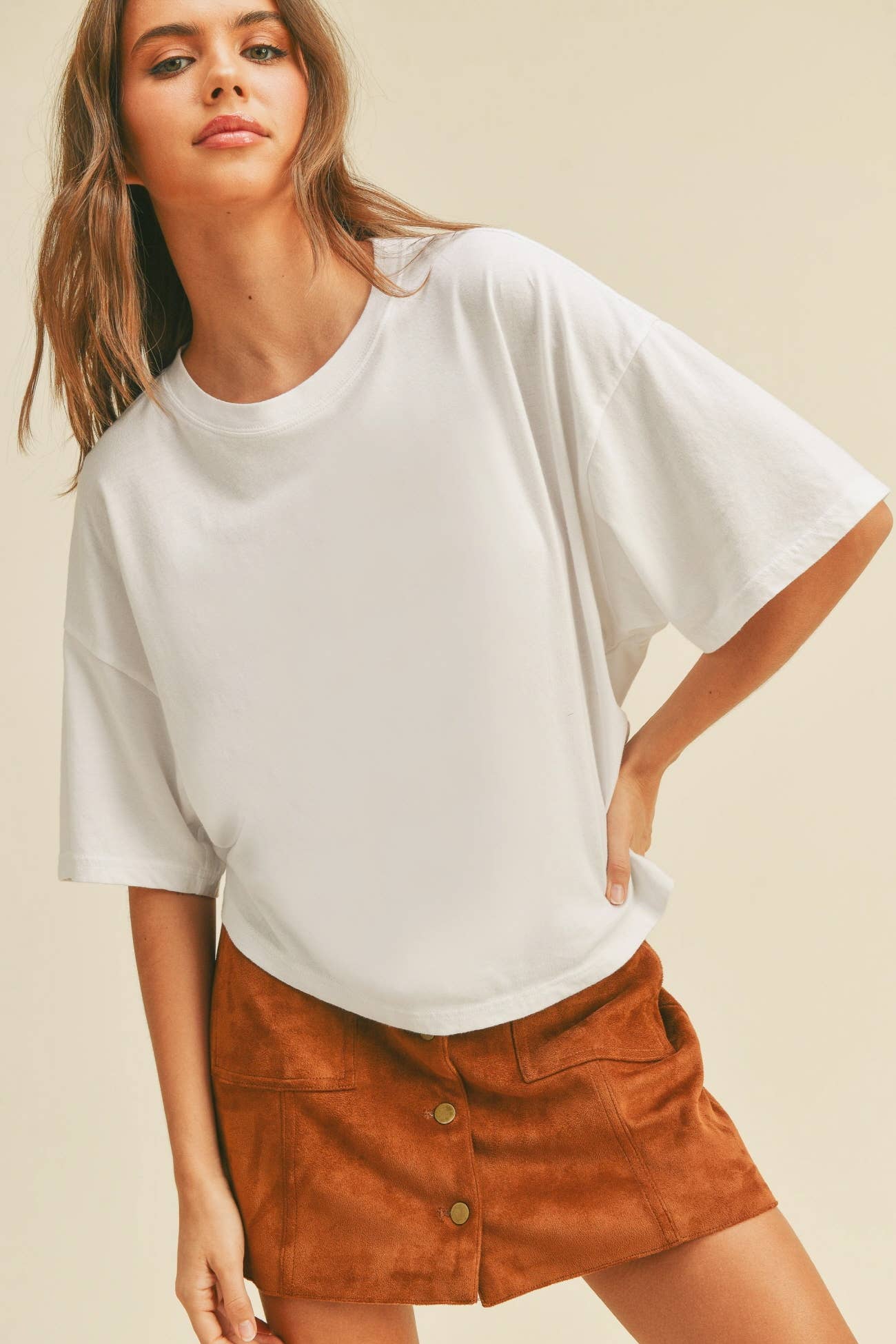 Blank Long Cropped Short Sleeve T-Shirt: VANILLA / L