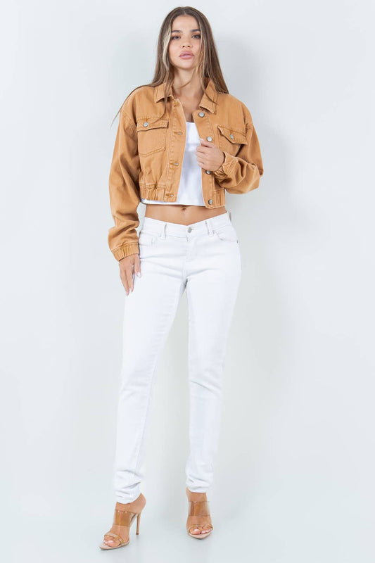 Women's Elasticated Waist Relaxed Fit Denim Jacket: TAN / L