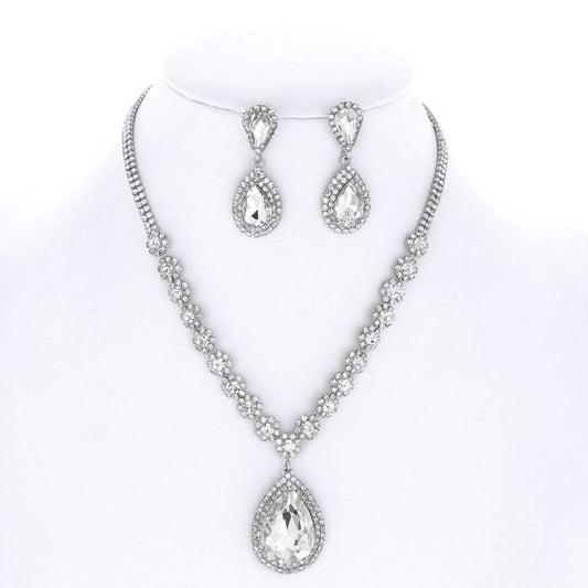 Large Rhinestone Teardrop Pendant Necklace & Earring Set: Gold Iridescent