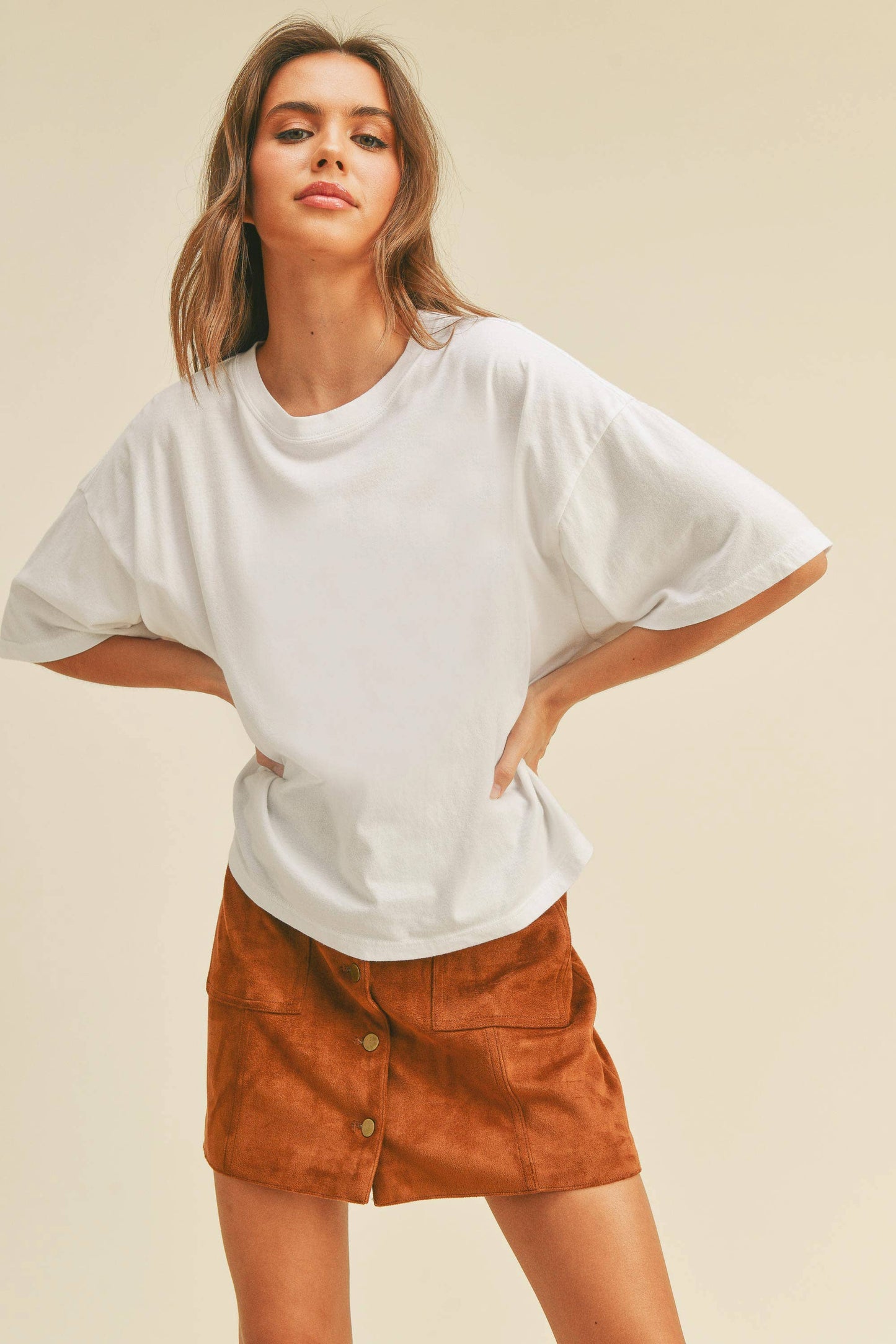 Blank Long Cropped Short Sleeve T-Shirt: VANILLA / L