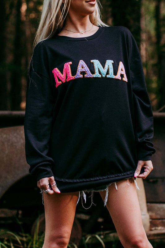 MK393 MAMA Chenille Sequins Embroidery Sweatshirt: Black / L