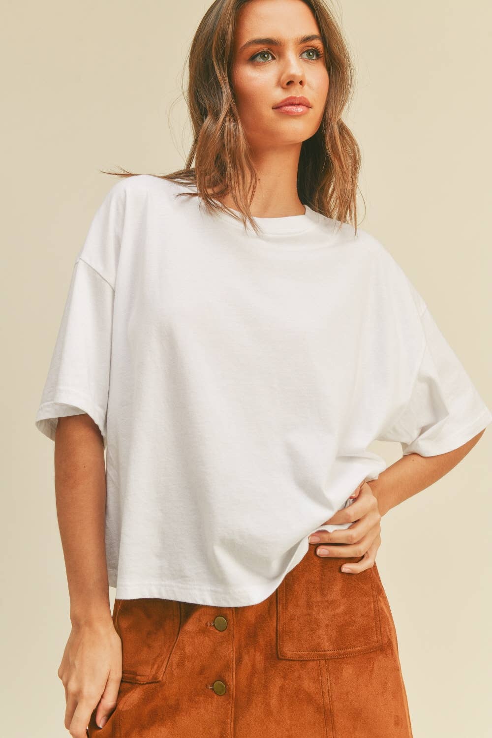 Blank Long Cropped Short Sleeve T-Shirt: VANILLA / S