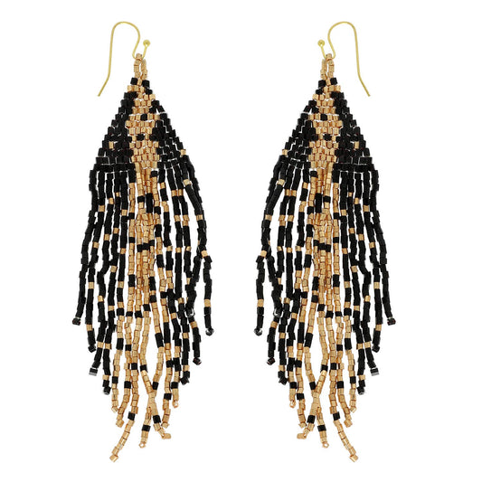 Western Native American Bead Fringe Earrings : Black