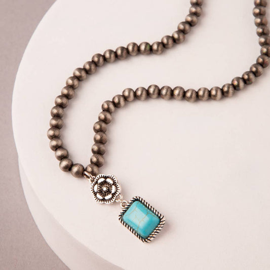 Western Floral Jeweled Pearl Beaded Necklace : Turquoise