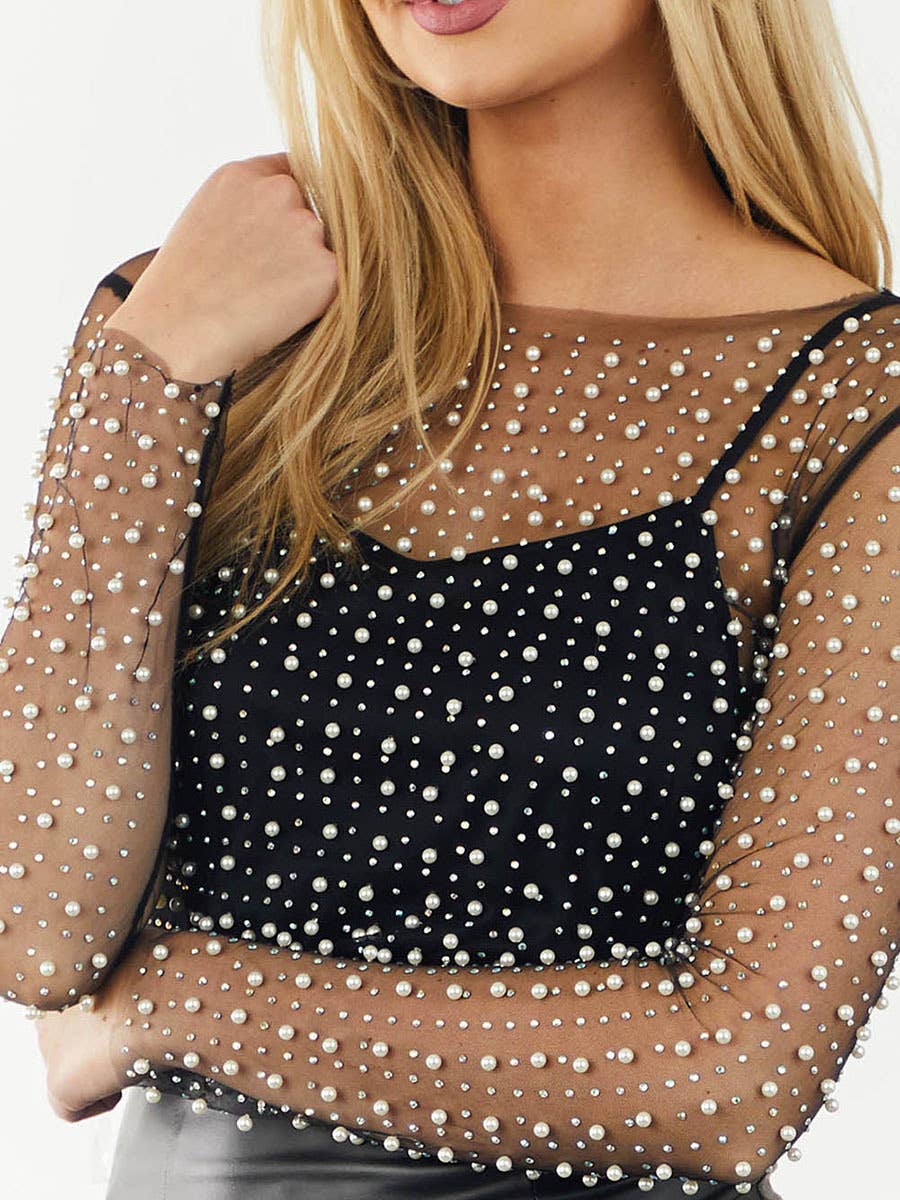 Pearl rhinestone studded sheer mesh see through T-shirt top: White / M