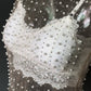 Pearl rhinestone studded sheer mesh see through T-shirt top: White / M