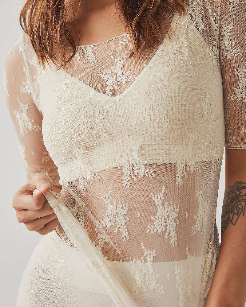 Ladies Lux Floral See Through Lace Mid Sleeves Blouse SKT273: White / L