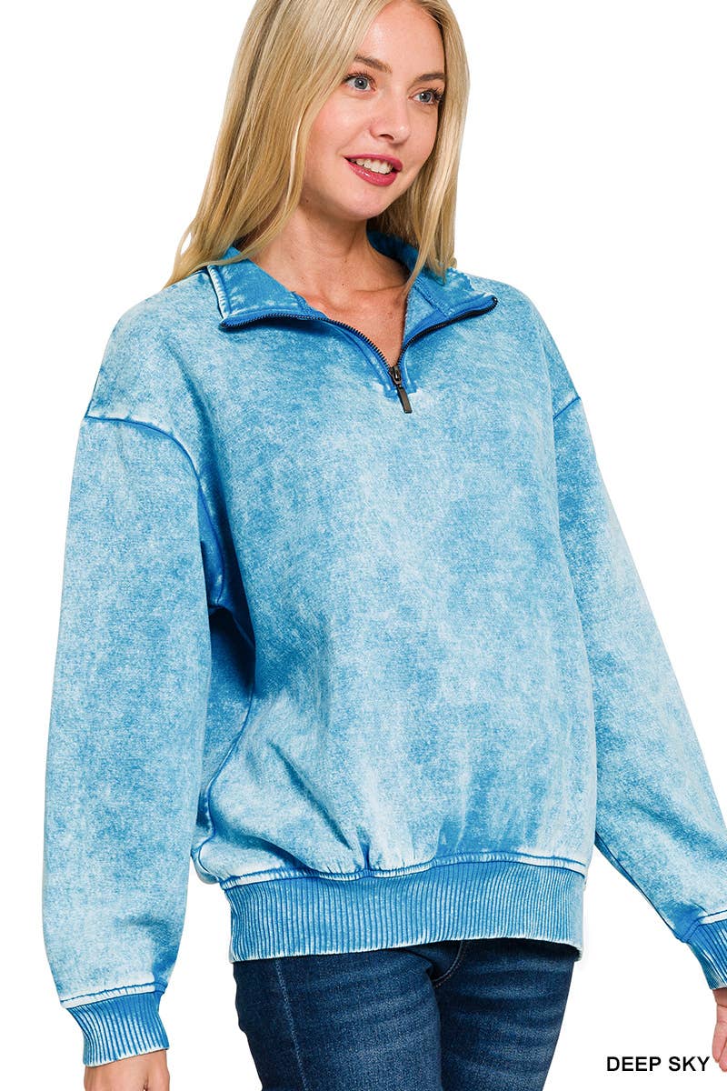 Acid Wash Fleece Half Zip Pullover: DK PINK/ M