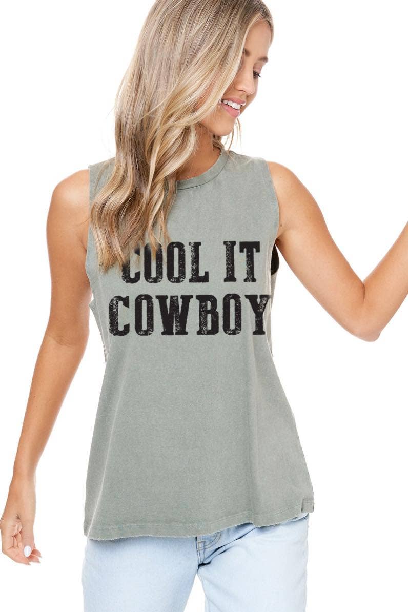 Cool It Cowboy Graphic S/L Washed Tank: S / BLACK