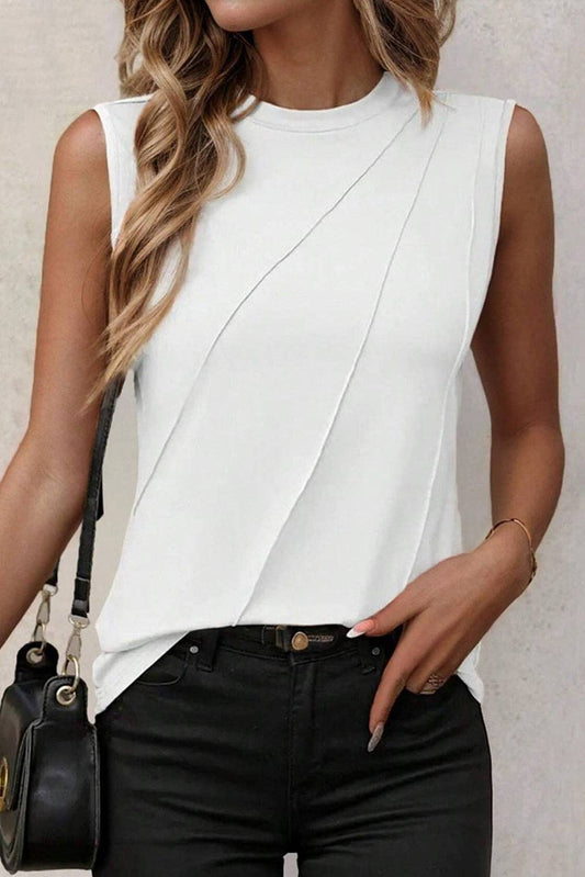 Pleated Crewneck Tank Top: White / S