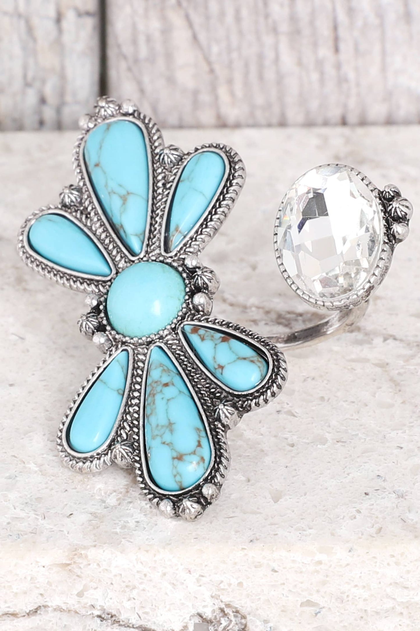 Western Jeweled Floral Turquoise Cuff Ring