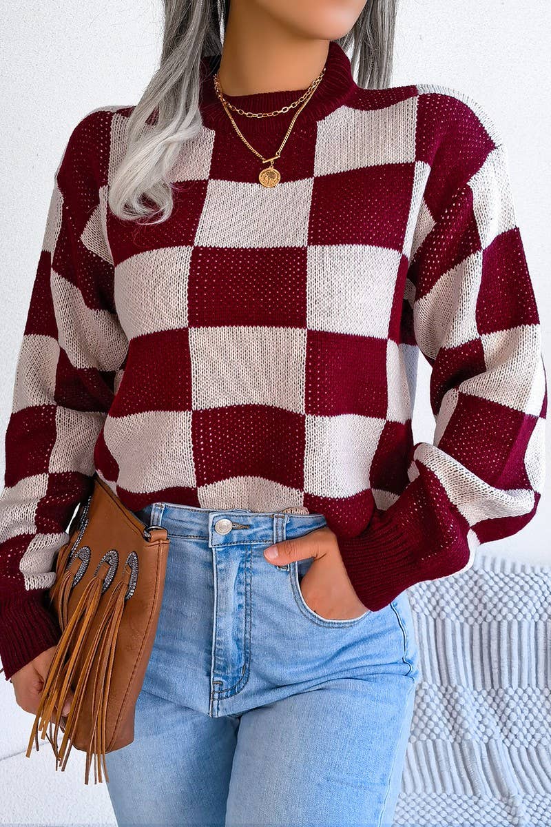 WOMEN PATCHWORK PATTERN LOOSE FIT KNITTED SWEATER_CWOSWL0435: Black / (L) 1