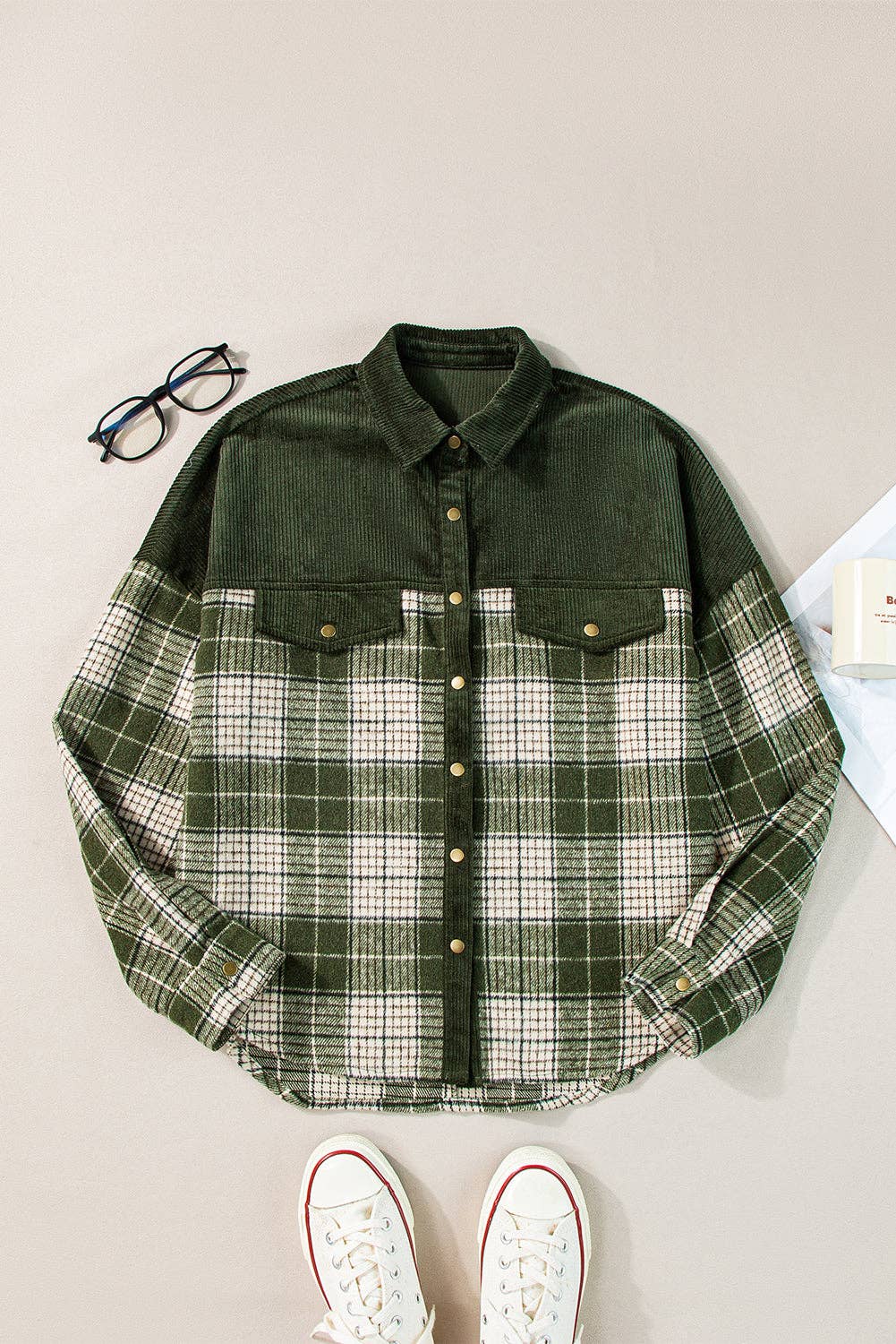 Colorblock Plaid Snap Buttons Shacket: Blackish Green / L