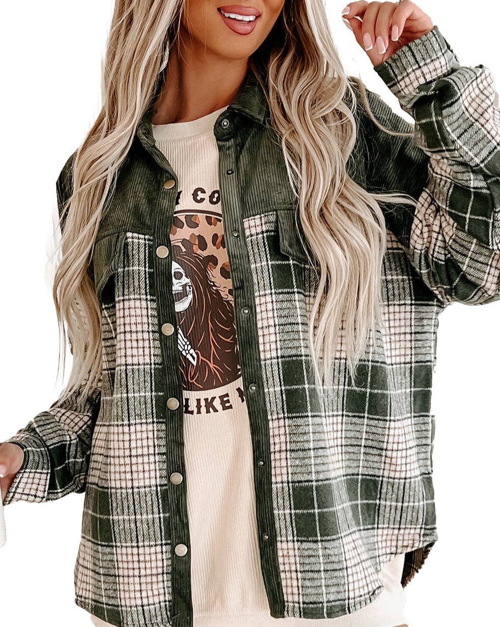 Colorblock Plaid Snap Buttons Shacket: Blackish Green / L