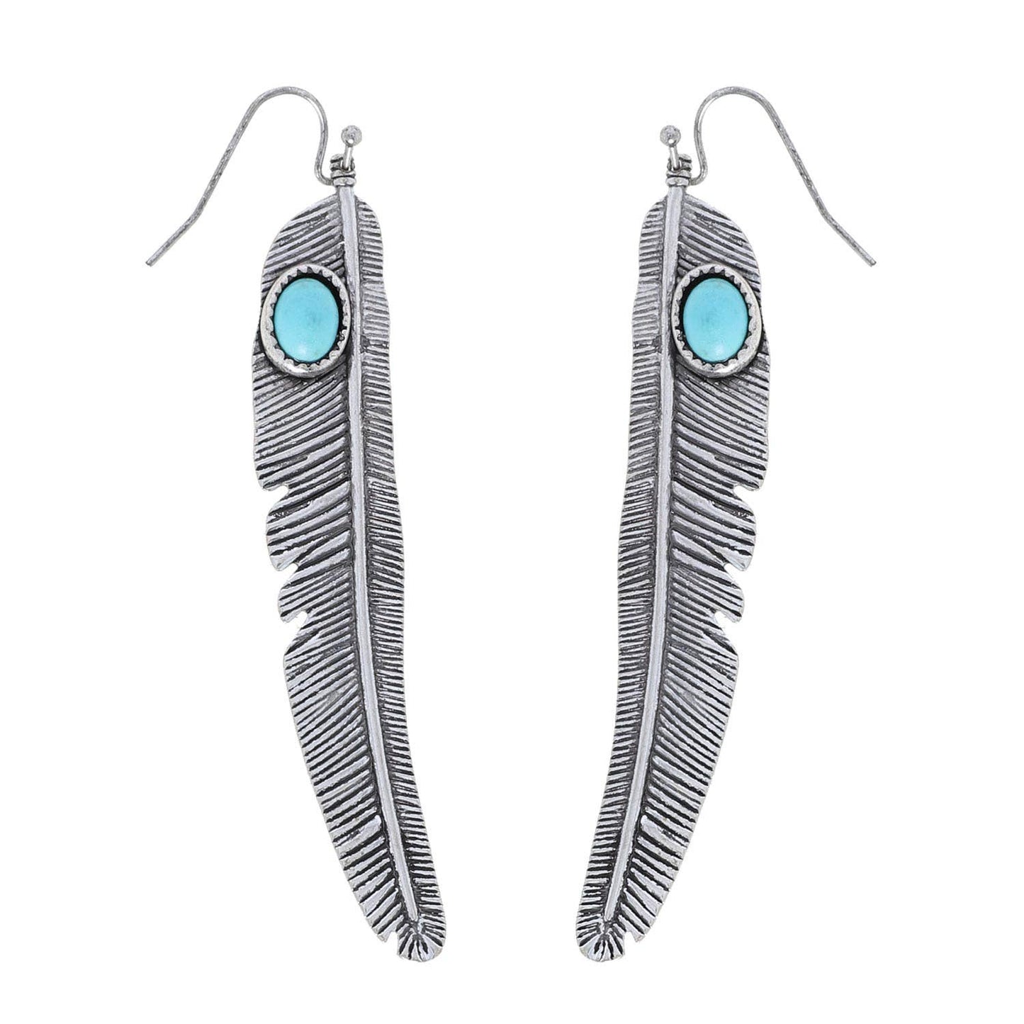 Western Feather w/ Semi Stone Hook Dangle Drop Earrings: Copper White