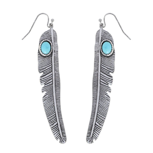 Western Feather w/ Semi Stone Hook Dangle Drop Earrings: Silver Turquoise