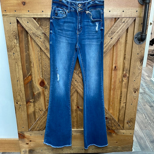 Distressed medium wash flares