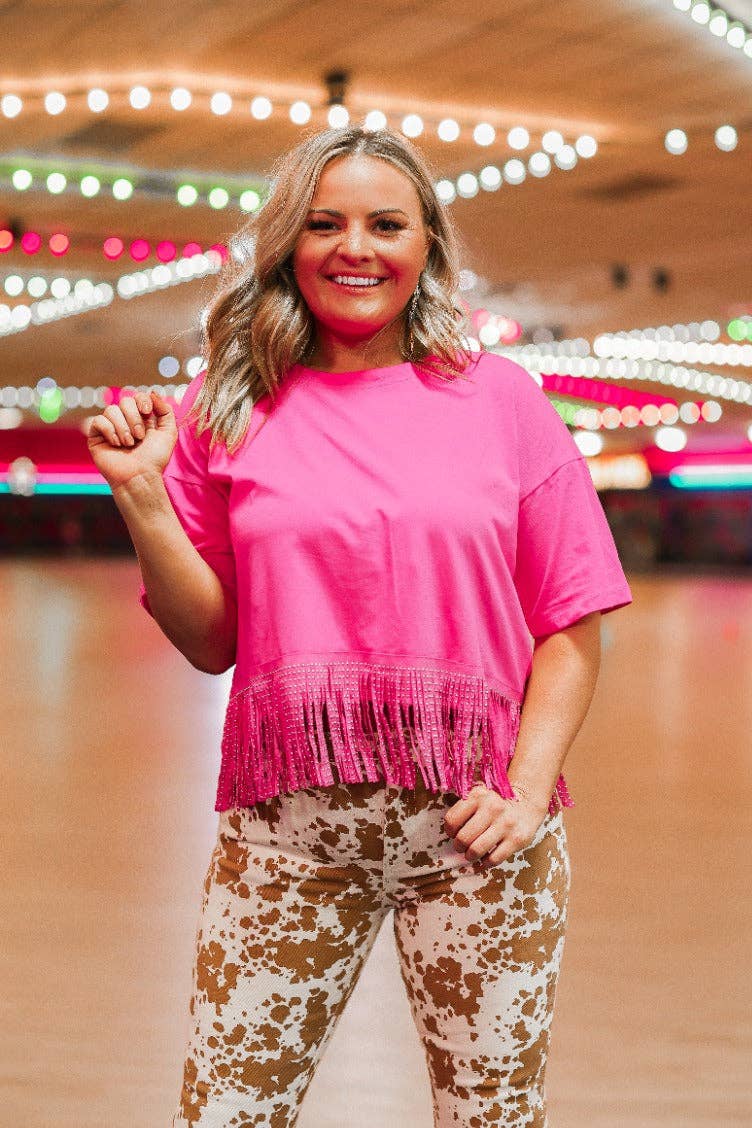 Here for the Show Studded Fringe Crop Top, Hot Pink: Hot Pink / One Size