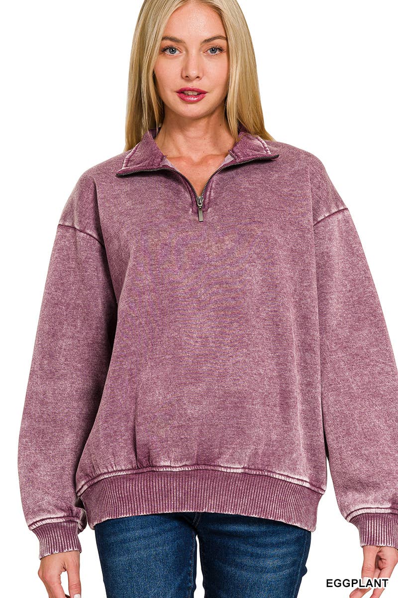 Acid Wash Fleece Half Zip Pullover: DK PINK/ M