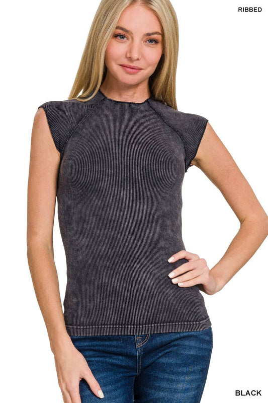 Stone Washed Ribbed Seamless Top: BLACK / L/XL