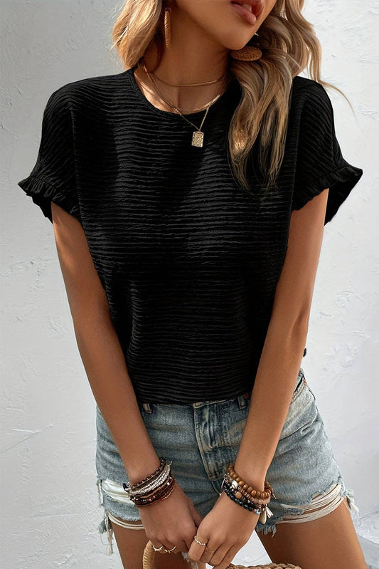 Crinkle Ruffle Short Sleeve Blouse: Black / S