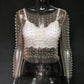 Pearl rhinestone studded sheer mesh see through T-shirt top: White / M
