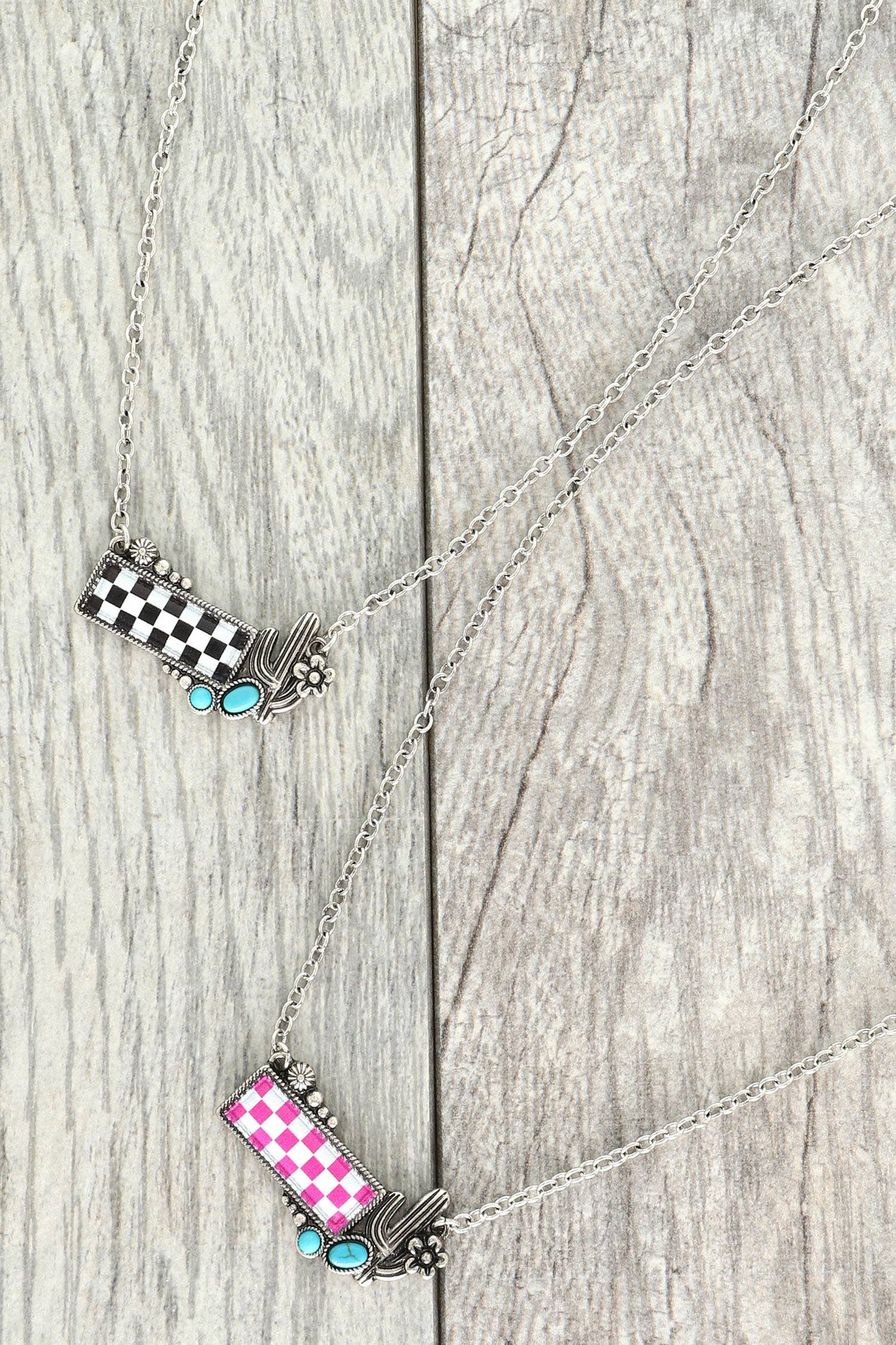 Western Checkerboard Cactus Pendant Necklace : Black