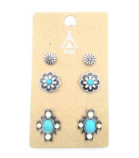 Western 3 Pair Turquoise Earring Set: TURQUOISE