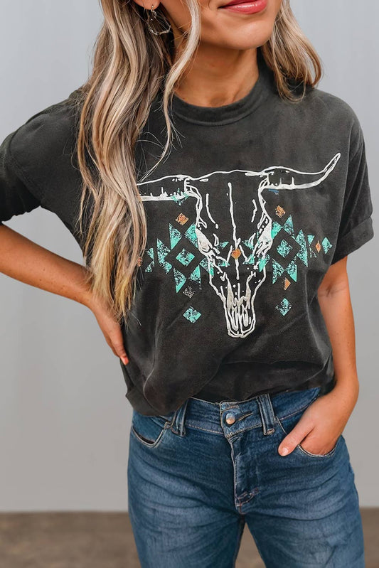 Western Aztec Bull Head Skull Graphic Tee | S-XL: As shown / Missy / XL