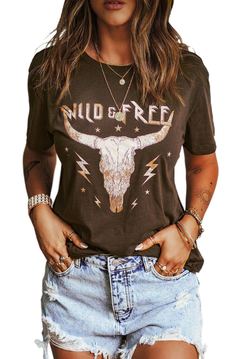 Brown WILD FREE Animal Graphic Tee: Brown / L / 95%Polyester+5%Elastane