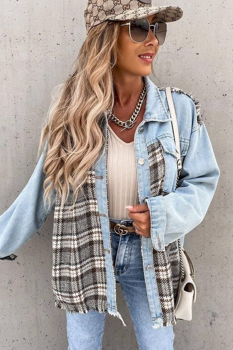 WOMEN DENIM PATCHWORK PLAID JACKET_CWJJ0050: LIGHTBLUE / (L) 1