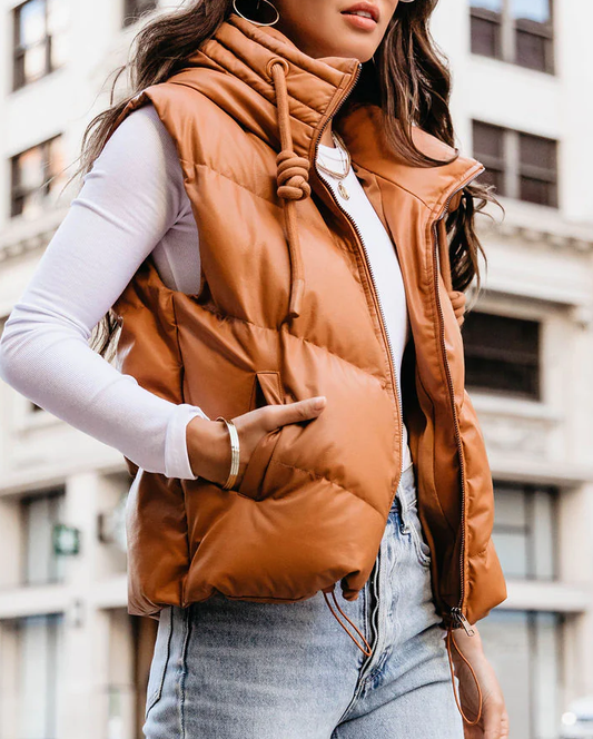 Hooded Puffer Double Slip Pocket Waistcoat: Camel