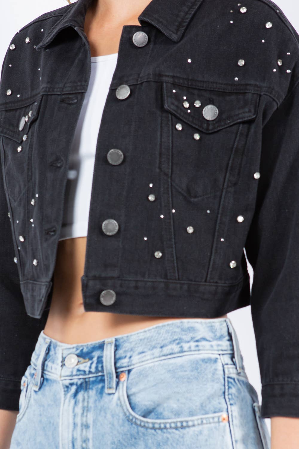 Rhinestone Crop Denim Jacket: Med Wash / M