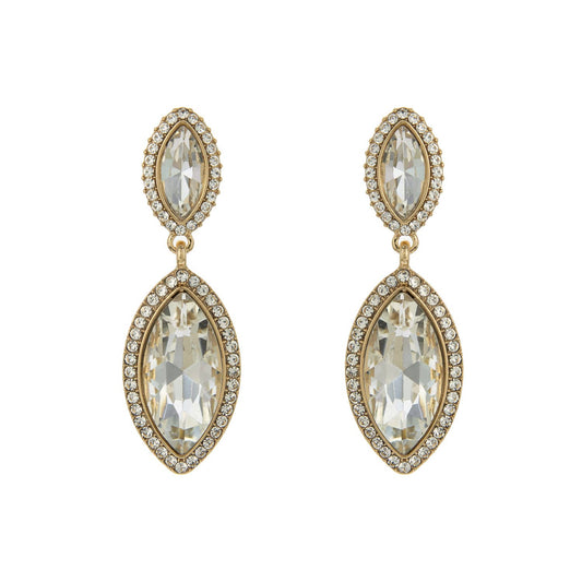 2 Tier Rhinestone Crystal Petal Cut w/ Halo Dangle Earrings: Gold Clear