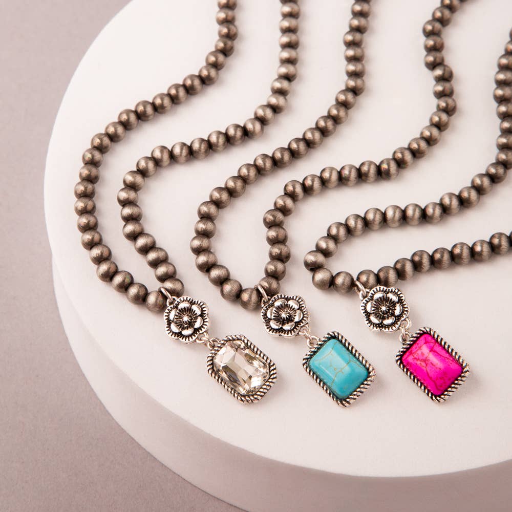 Western Floral Jeweled Pearl Beaded Necklace : Turquoise