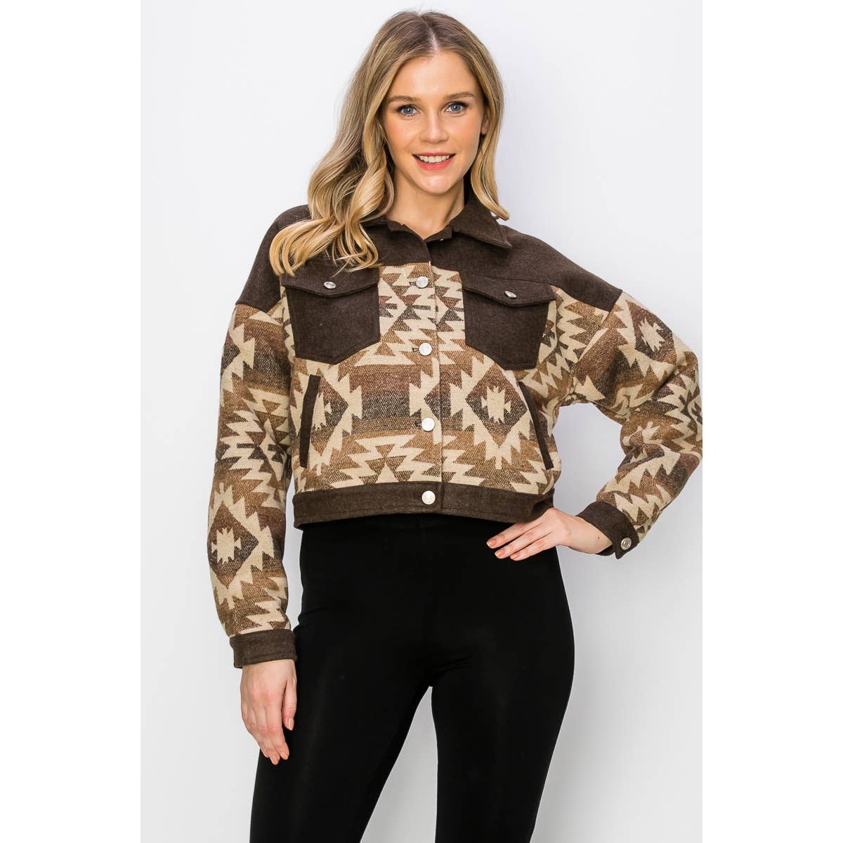 AZTEC BREAST FLAP POCKET HOLIDAY SHACKET: BLACK / S