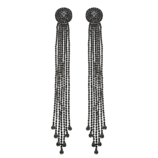 Crystal Rhinestone Tassel Long Drop Earrings: Black