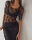 Ladies Lux Floral See Through Lace Mid Sleeves Blouse SKT273: White / L