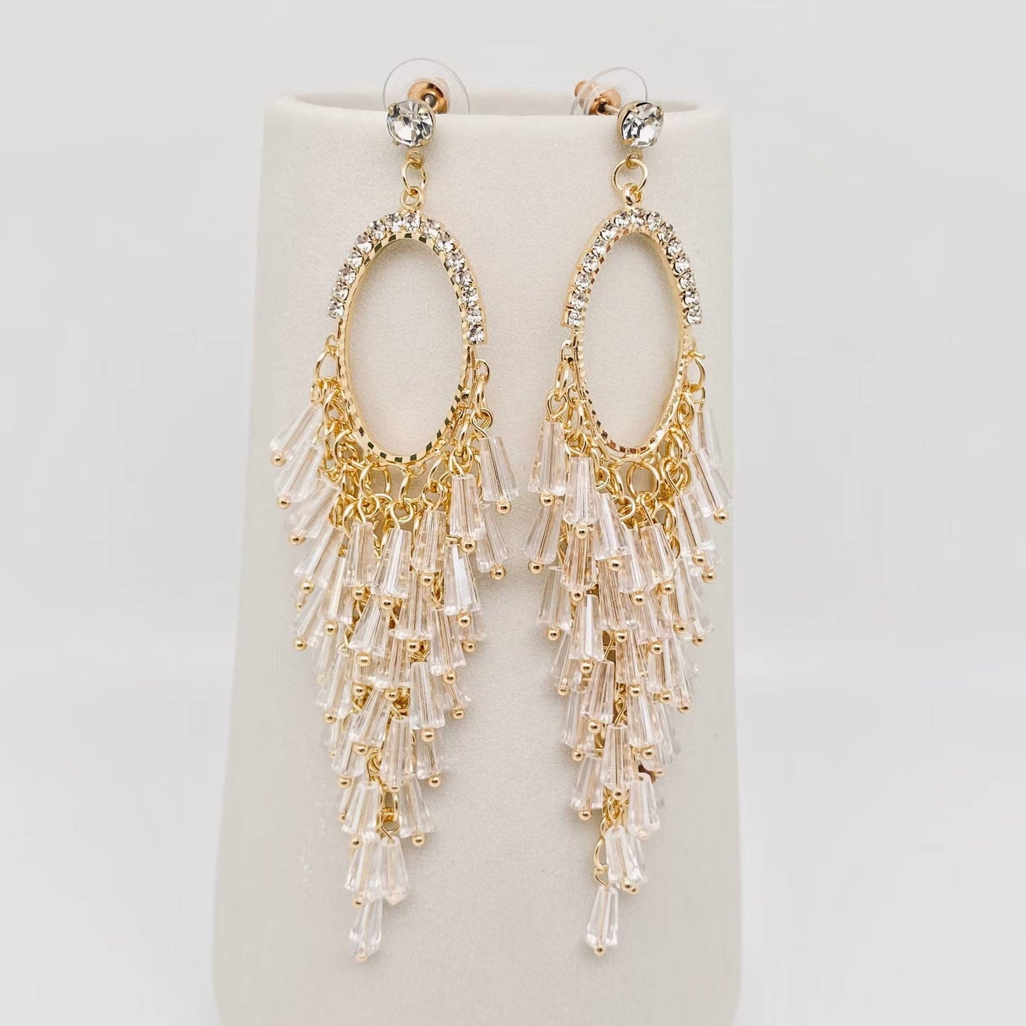White Crystal Tassel and Rhinestone Stud Earrings
