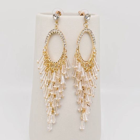 White Crystal Tassel and Rhinestone Stud Earrings