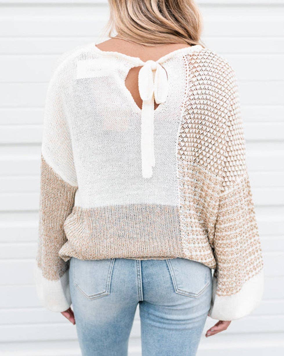 Patchwork Tie Back Oversized Sweater: Oatmeal / XL