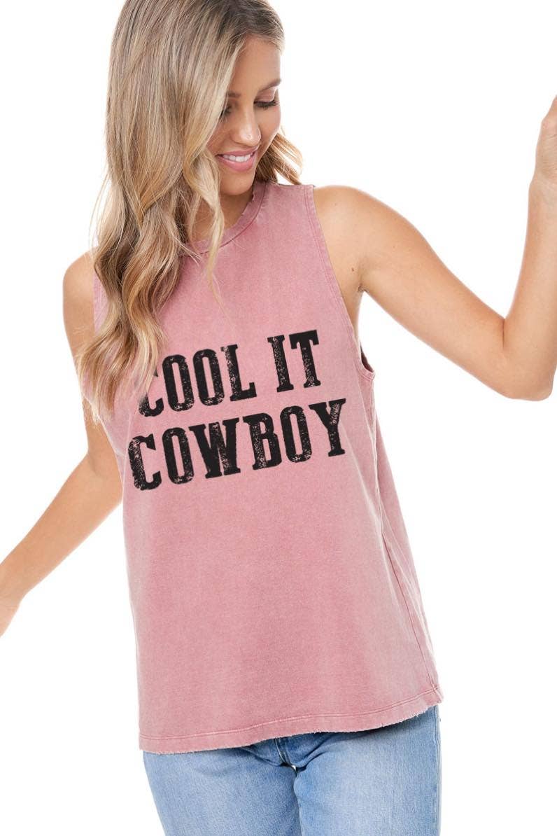 Cool It Cowboy Graphic S/L Washed Tank: M / BLACK